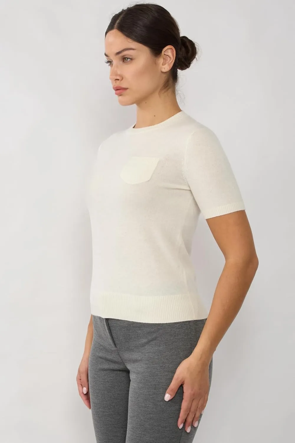 JENNIE LIU Womens 100% Cashmere Crewneck Short Sleeve Sweater