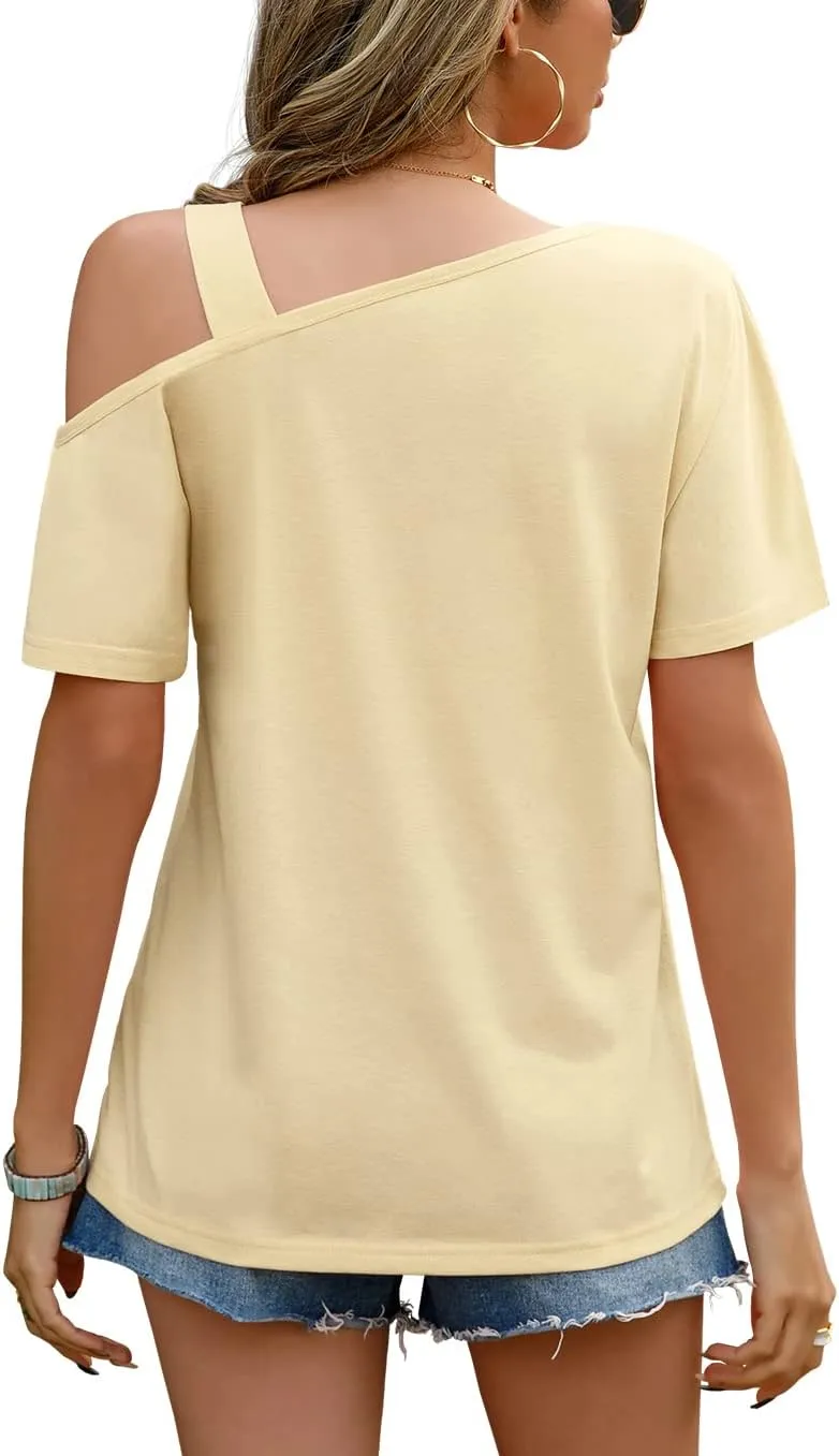 JINKESI Women's Short Sleeve Tunic Tops Casual Summer Cold Shoulder Blouse Shirts