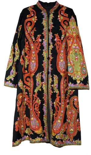 Kashmiri Woolen Coat Black, Multicolor Embroidery #AO-1602