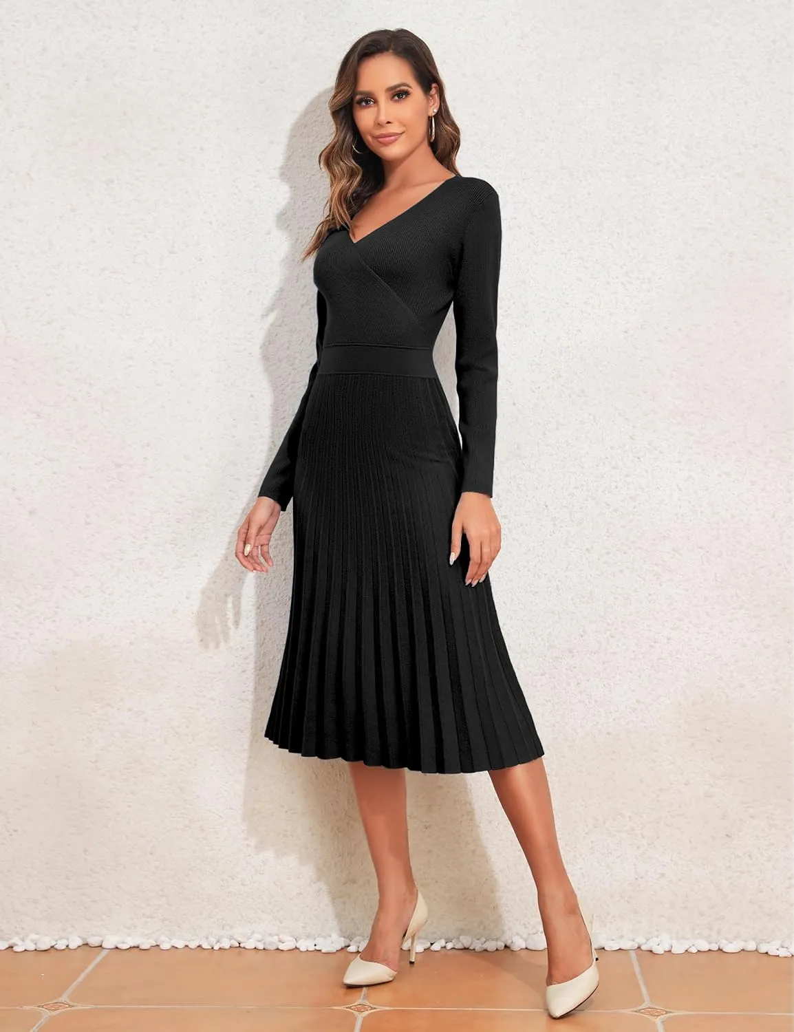 kayamiya Women's V Neck Wrap Sweater Dress Long Sleeve Ribbed Knit Pleated Swing A Line Midi Dresses