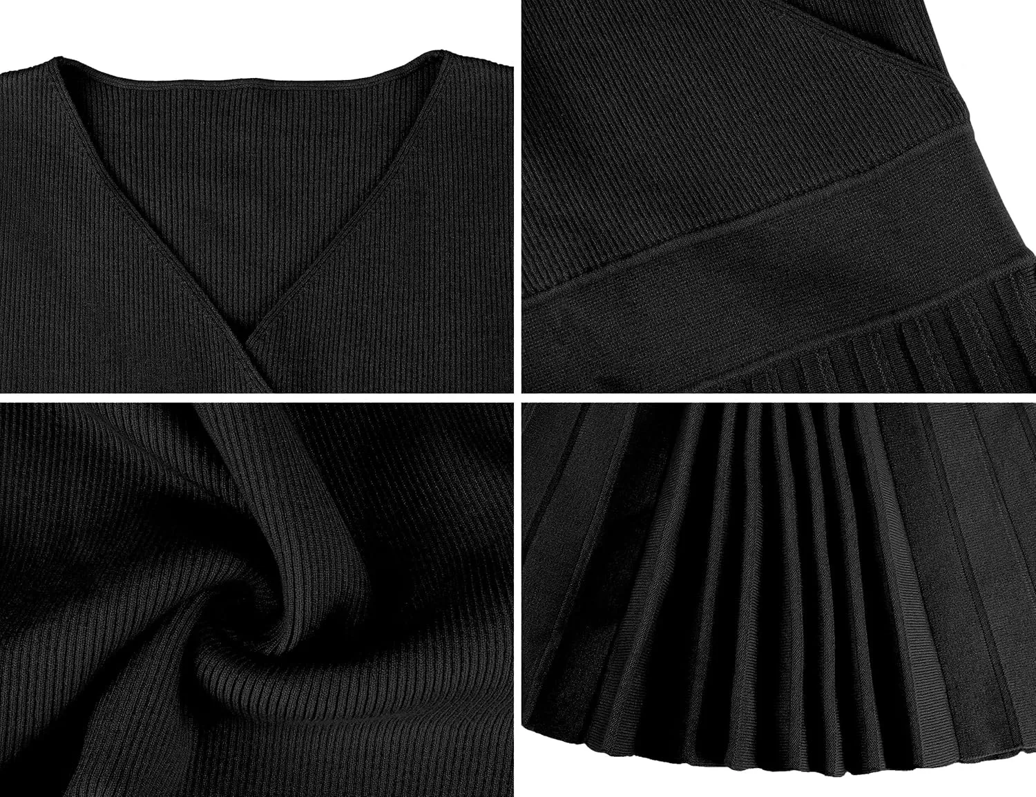 kayamiya Women's V Neck Wrap Sweater Dress Long Sleeve Ribbed Knit Pleated Swing A Line Midi Dresses