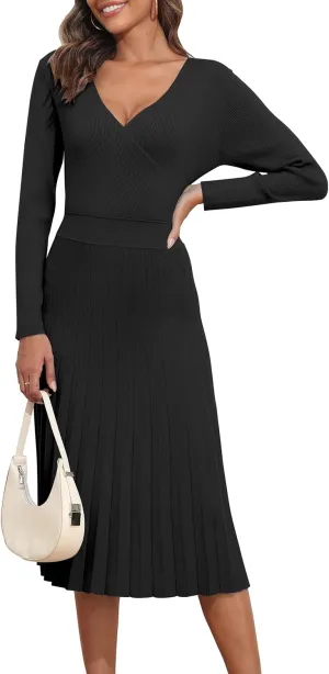 kayamiya Women's V Neck Wrap Sweater Dress Long Sleeve Ribbed Knit Pleated Swing A Line Midi Dresses
