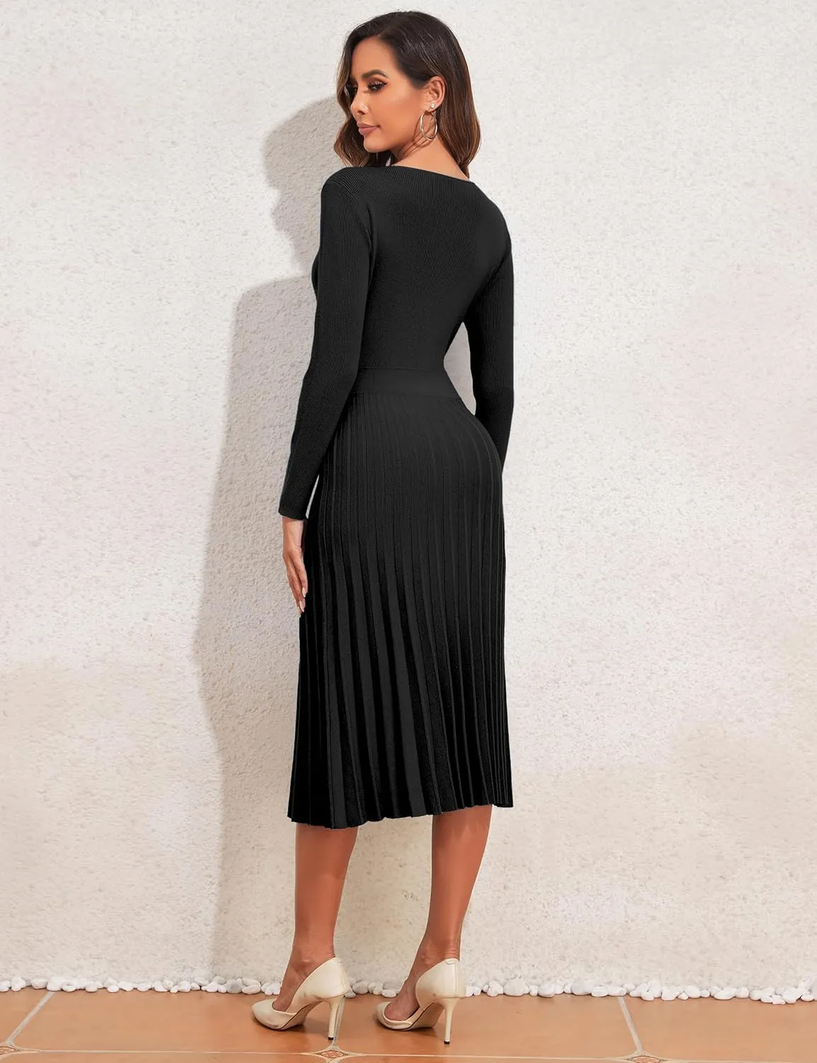 kayamiya Women's V Neck Wrap Sweater Dress Long Sleeve Ribbed Knit Pleated Swing A Line Midi Dresses