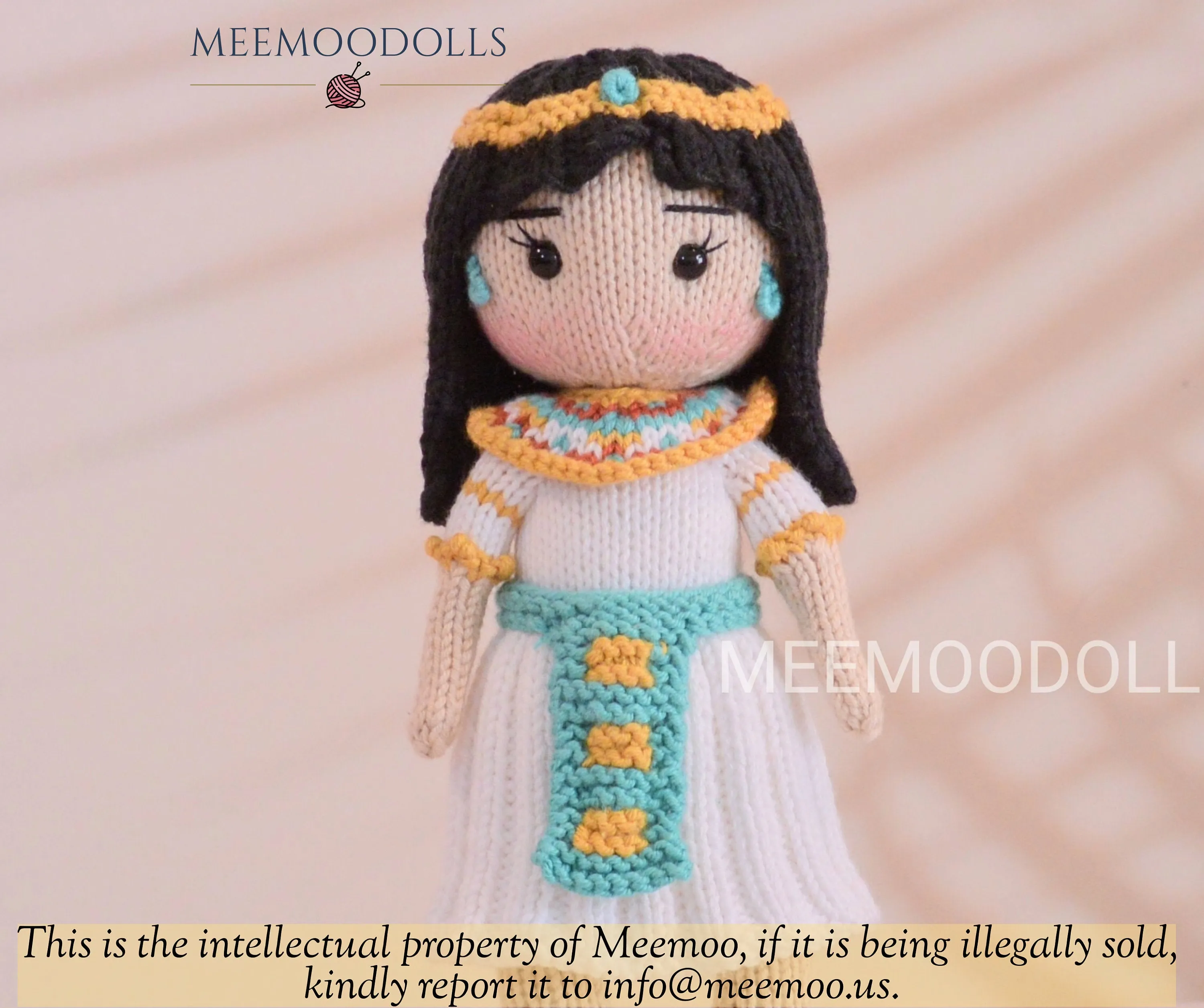 Knit Cleopatra. Knitted toy Patterns. Knit Iconic Doll. Meemoodolls.