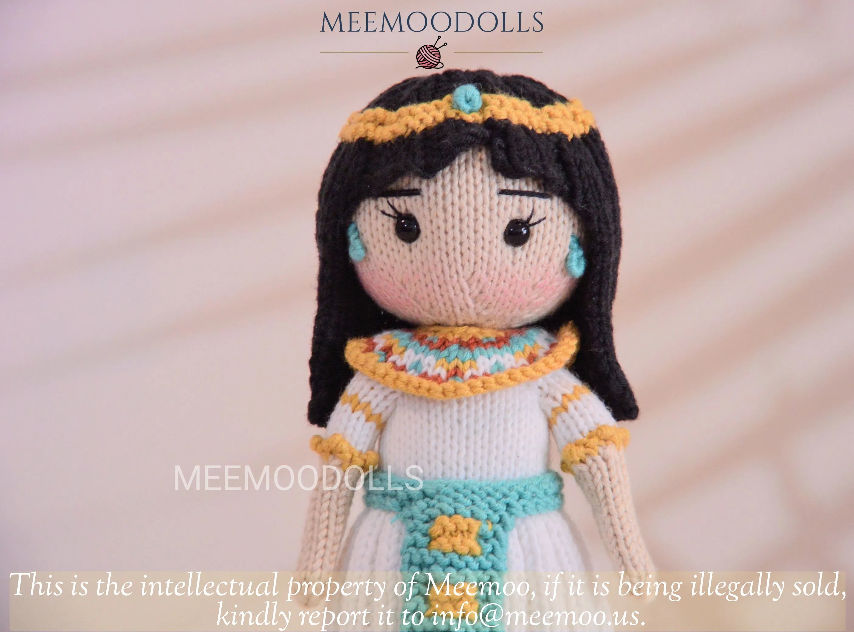 Knit Cleopatra. Knitted toy Patterns. Knit Iconic Doll. Meemoodolls.