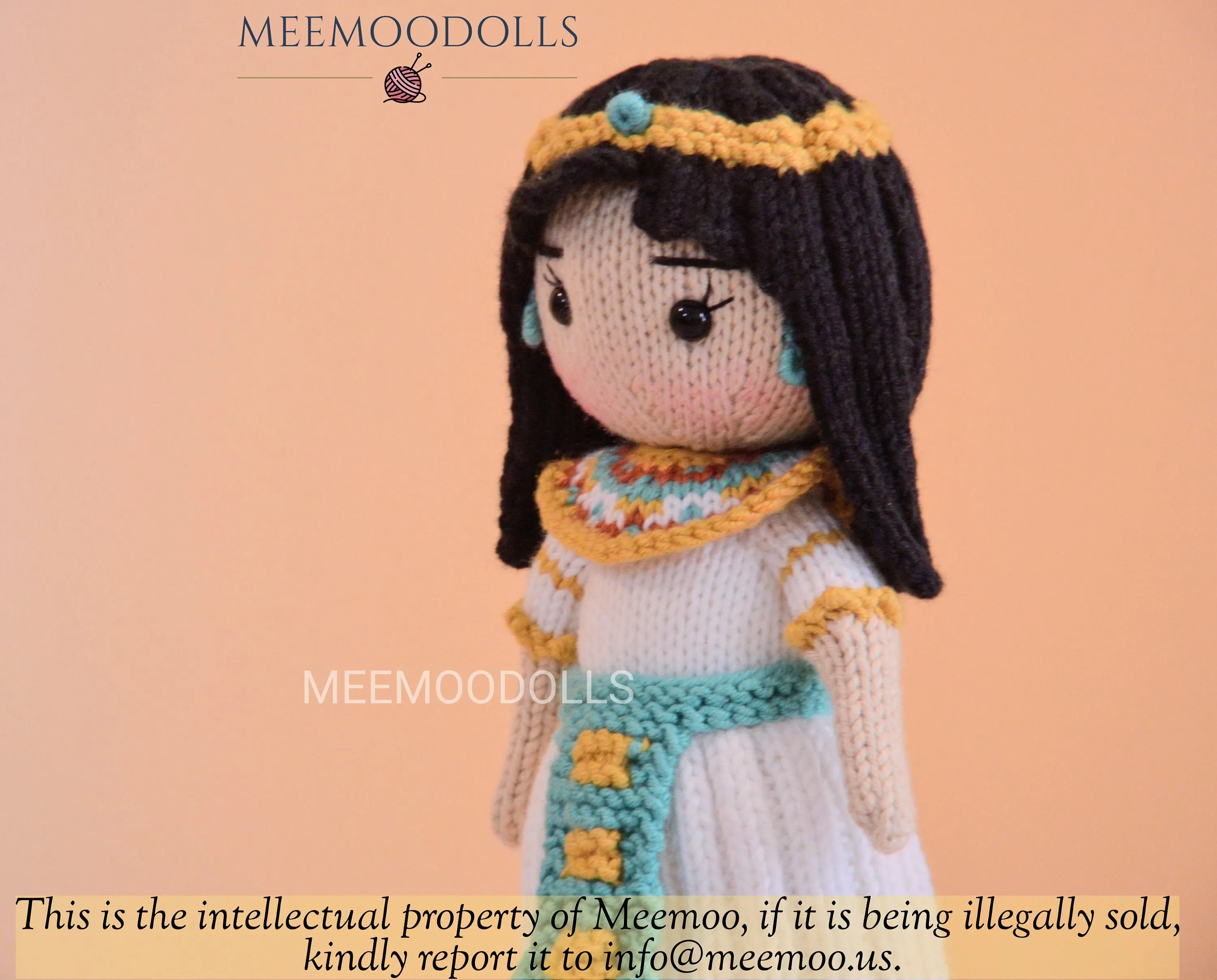 Knit Cleopatra. Knitted toy Patterns. Knit Iconic Doll. Meemoodolls.