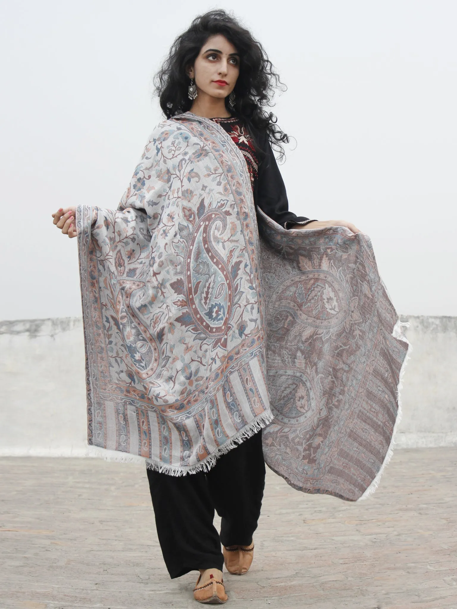Light Grey Brown Rust Orange Cashmere Jamawar Kani Woolen Stole - S6317201