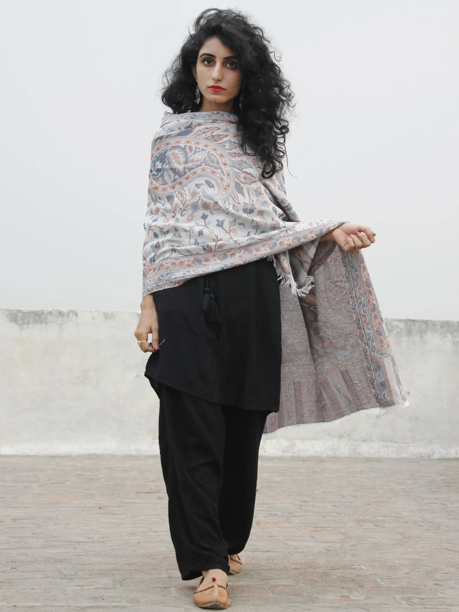 Light Grey Brown Rust Orange Cashmere Jamawar Kani Woolen Stole - S6317201