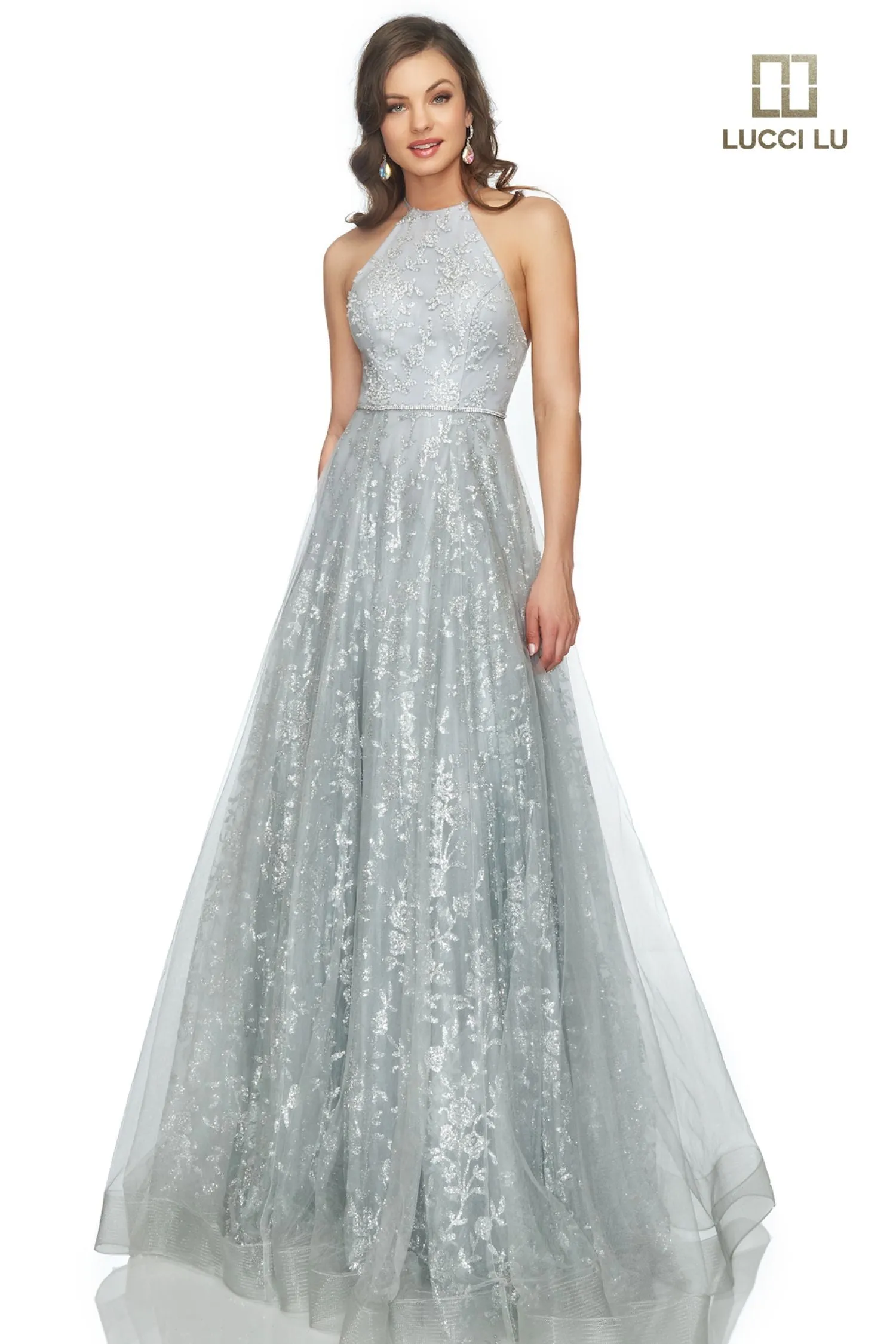 Lucci Lu 28801 Rose Gold Halter A-Line Tulle Dress