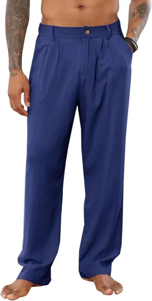 Mens Cotton Linen Casual Loose Fit Elastic Waist Lightweight Pleated with Pockets Yoga Beach Slacks Trousers Pants