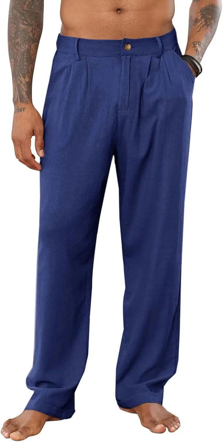 Mens Cotton Linen Casual Loose Fit Elastic Waist Lightweight Pleated with Pockets Yoga Beach Slacks Trousers Pants