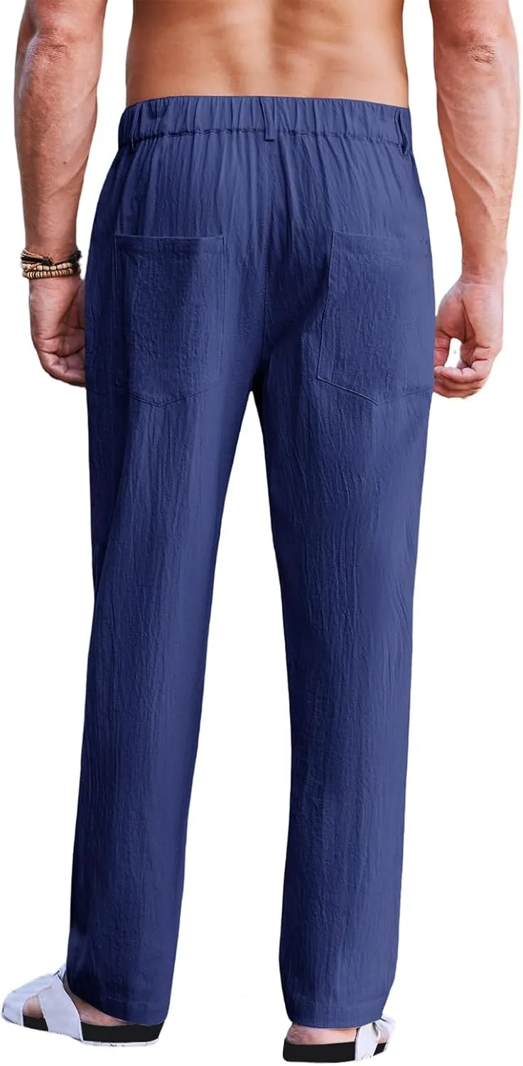 Mens Cotton Linen Casual Loose Fit Elastic Waist Lightweight Pleated with Pockets Yoga Beach Slacks Trousers Pants