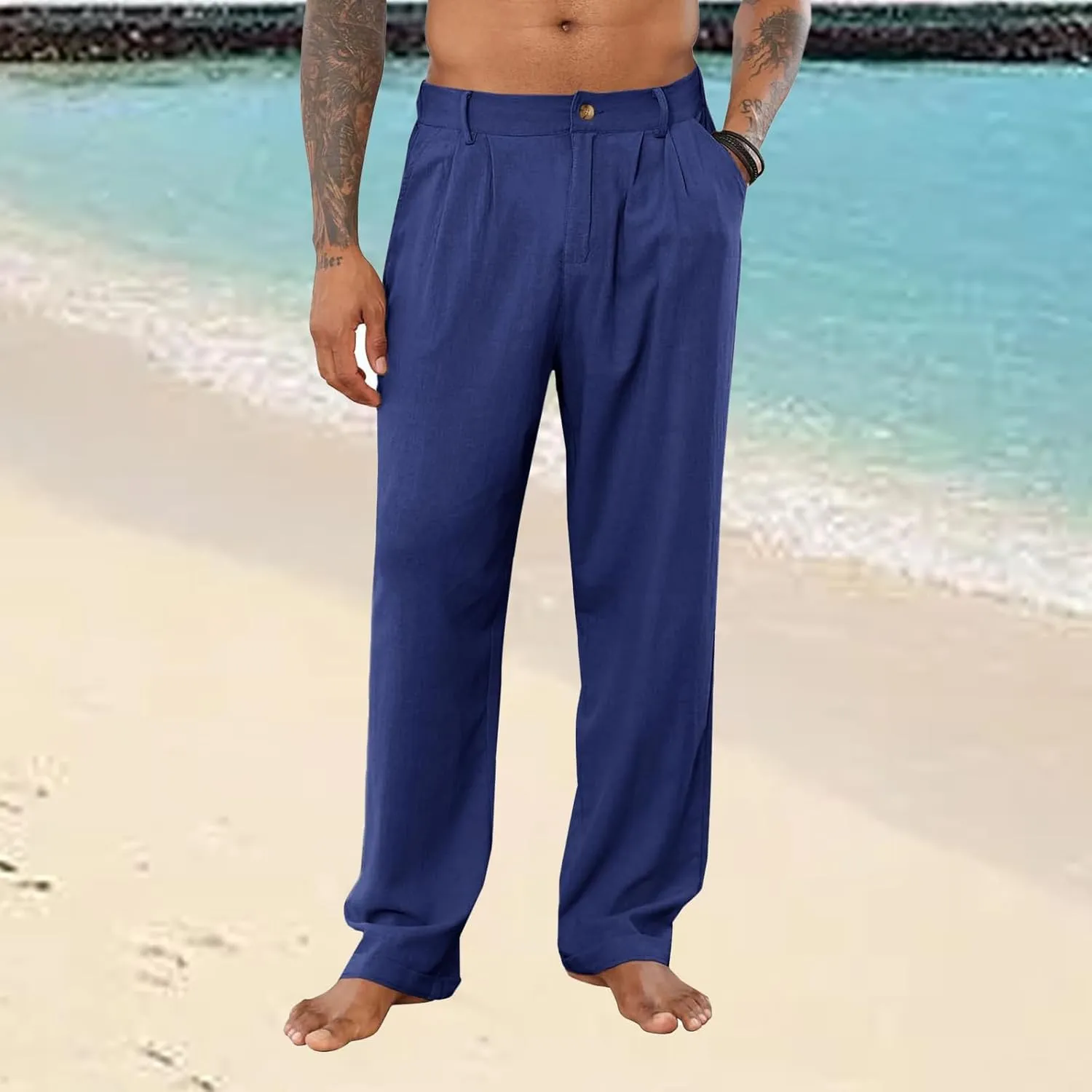 Mens Cotton Linen Casual Loose Fit Elastic Waist Lightweight Pleated with Pockets Yoga Beach Slacks Trousers Pants