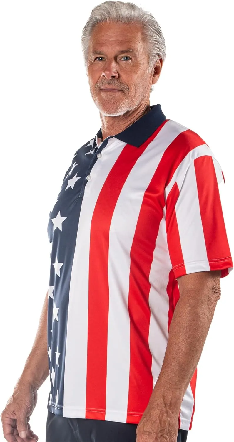 Men's Performance American Flag Polo Shirt | Pull-On Closure American Flag Golf Shirt | USA 4th of July Golf Shirts for Men
