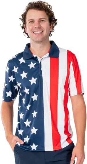 Men's Performance American Flag Polo Shirt | Pull-On Closure American Flag Golf Shirt | USA 4th of July Golf Shirts for Men