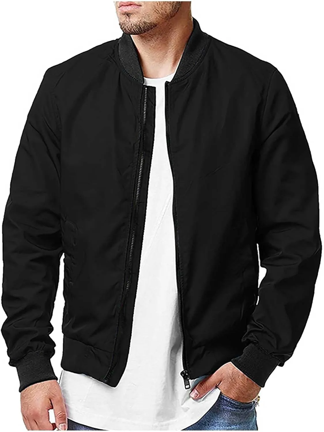 Men's Stand Collar Bomber Jacket Fashion Stylish Lightweight Full Zipper Windbreaker Spring Fall Casual Jackets