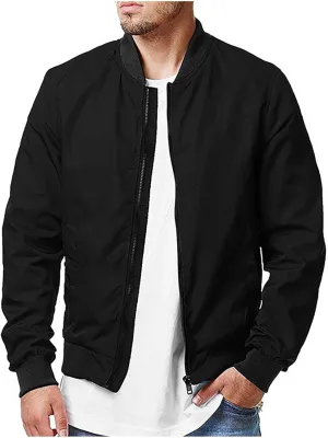 Men's Stand Collar Bomber Jacket Fashion Stylish Lightweight Full Zipper Windbreaker Spring Fall Casual Jackets
