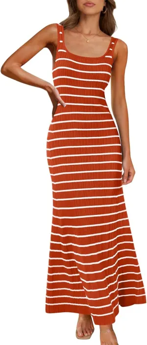 MEROKEETY Women's 2025 Sleeveless Summer Tank Dress Striped Bodycon Maxi Dress Square Neck Ribbed Knitted Sundress