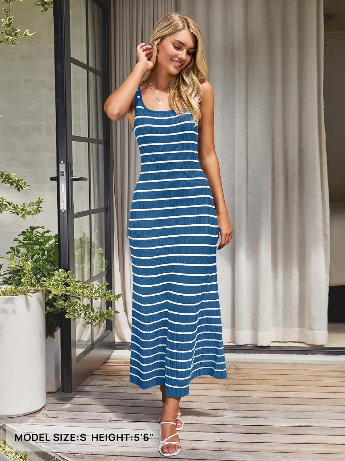 MEROKEETY Women's 2025 Sleeveless Summer Tank Dress Striped Bodycon Maxi Dress Square Neck Ribbed Knitted Sundress