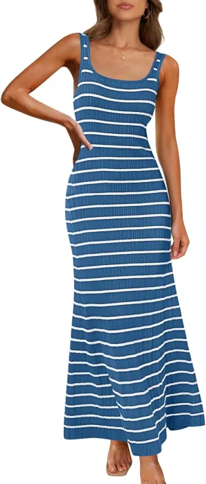 MEROKEETY Women's 2025 Sleeveless Summer Tank Dress Striped Bodycon Maxi Dress Square Neck Ribbed Knitted Sundress