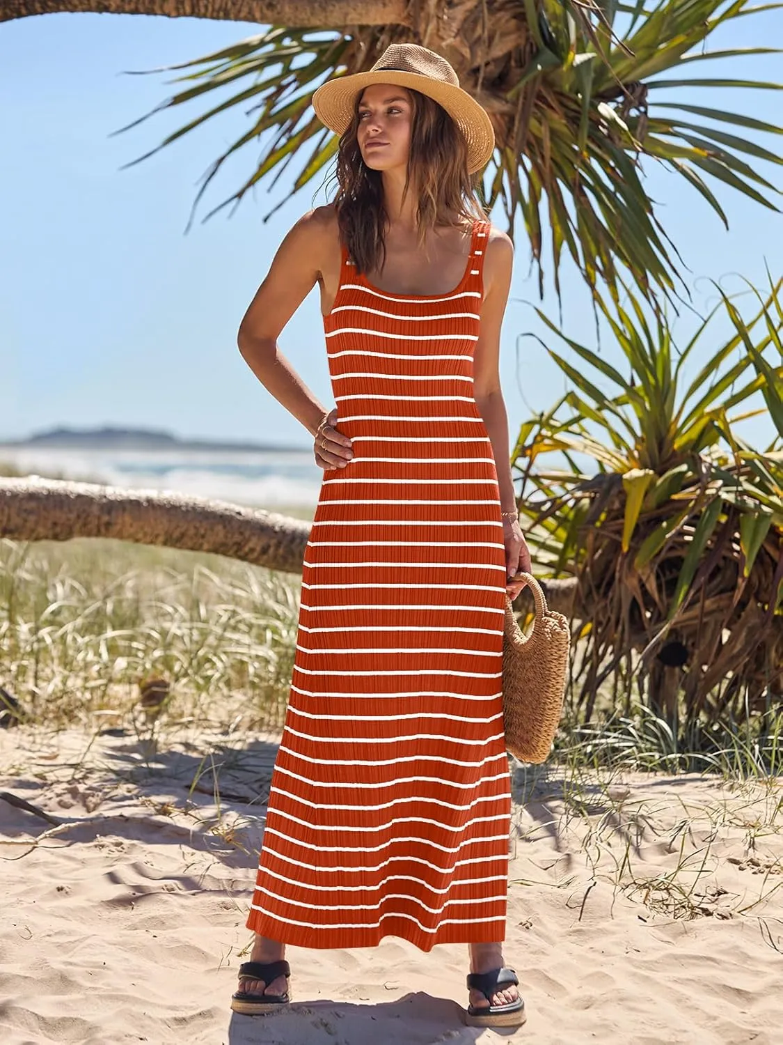 MEROKEETY Women's 2025 Sleeveless Summer Tank Dress Striped Bodycon Maxi Dress Square Neck Ribbed Knitted Sundress