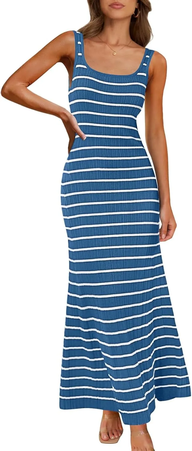 MEROKEETY Women's 2025 Sleeveless Summer Tank Dress Striped Bodycon Maxi Dress Square Neck Ribbed Knitted Sundress