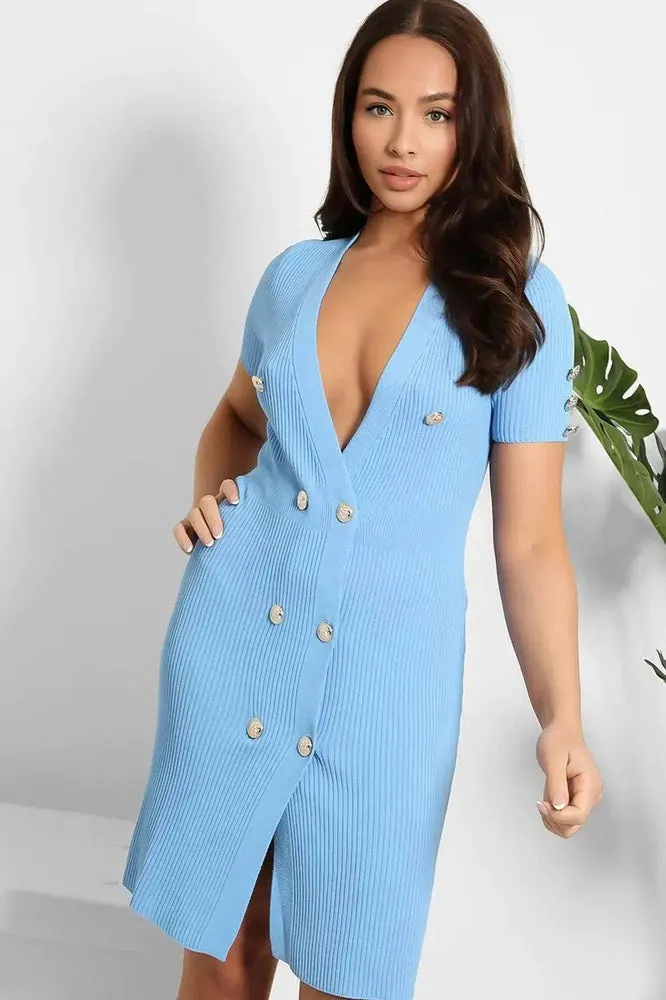 Military Buttons Deep Plunge Knitted Dress