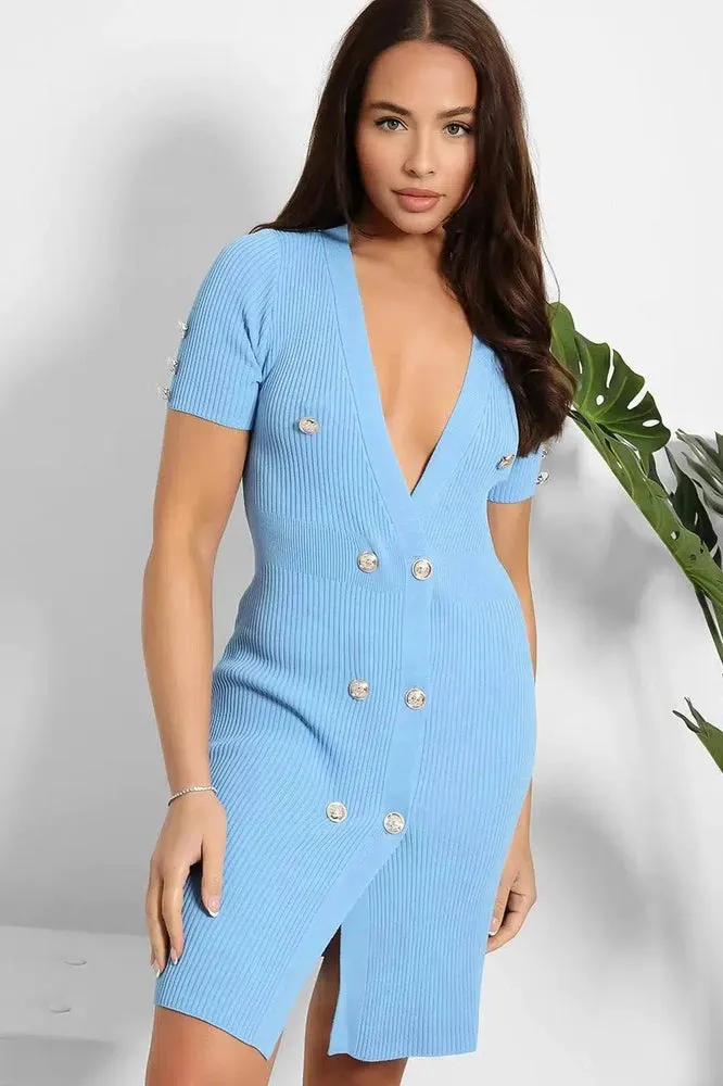 Military Buttons Deep Plunge Knitted Dress