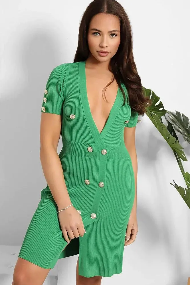 Military Buttons Deep Plunge Knitted Dress