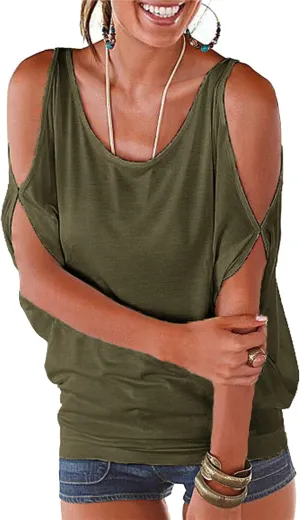 Miselon Women Cold Shoulder O-Neck Short Sleeve Loose Fit Summer Shirt Blouse Tops