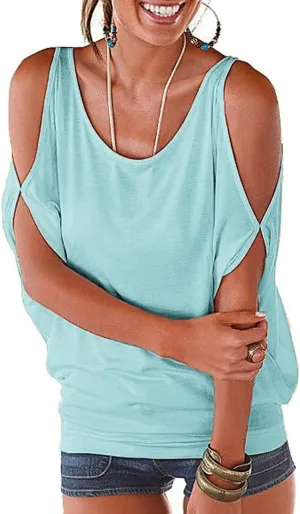 Miselon Women Cold Shoulder O-Neck Short Sleeve Loose Fit Summer Shirt Blouse Tops