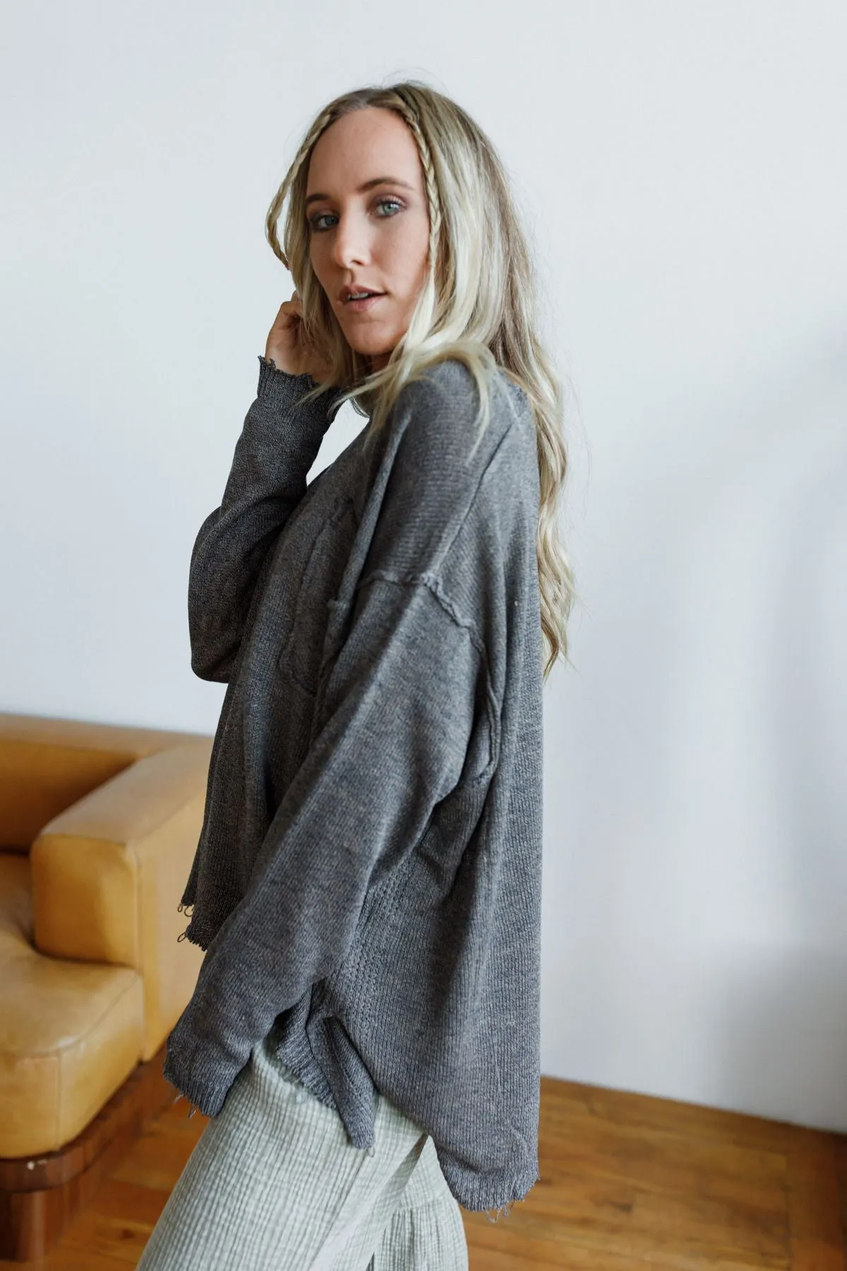 Monday Strolls Frayed Sweater - Charcoal
