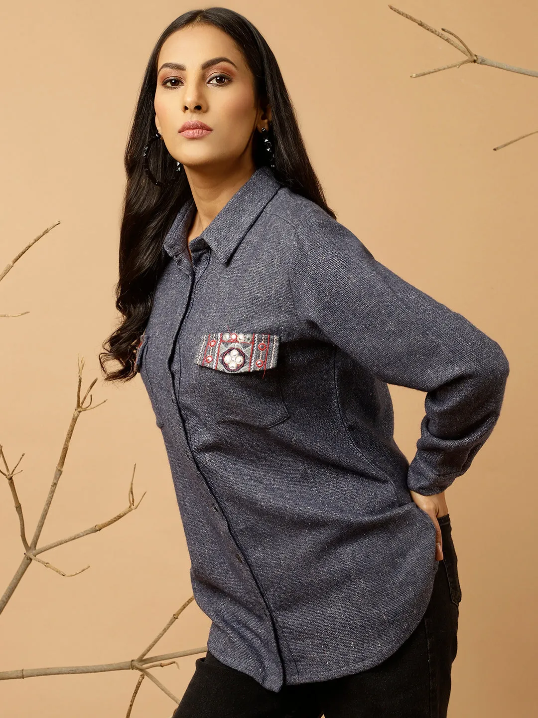Navy Blue Embroidered Woolen Shirt