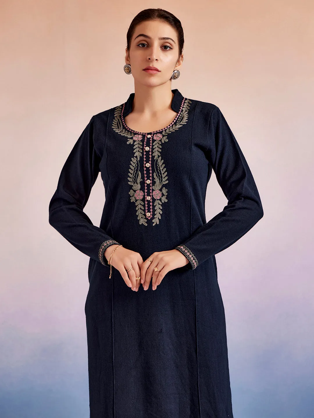Navy Blue Embroidered Woolen Straight Kurta