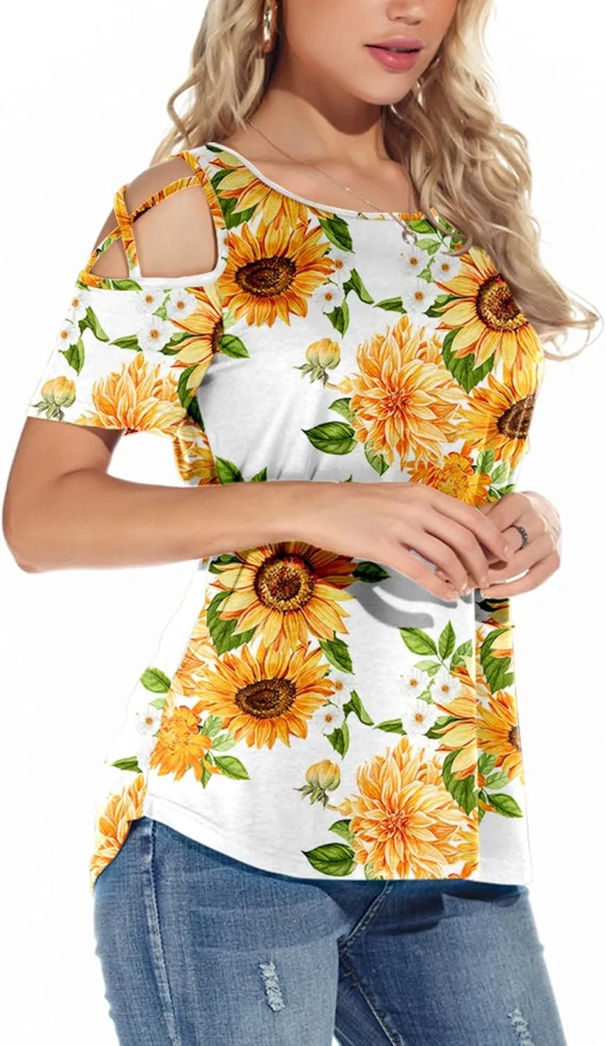 NILOUFO Womens Summer T Shirts Short Sleeve Tunic Strappy Cold Shoulder Tops