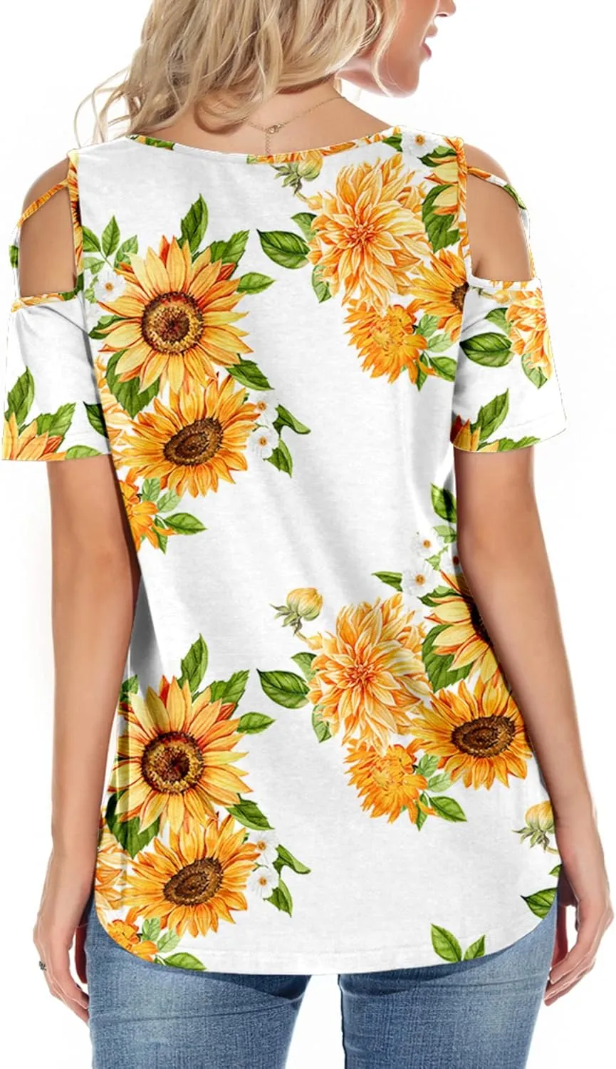NILOUFO Womens Summer T Shirts Short Sleeve Tunic Strappy Cold Shoulder Tops