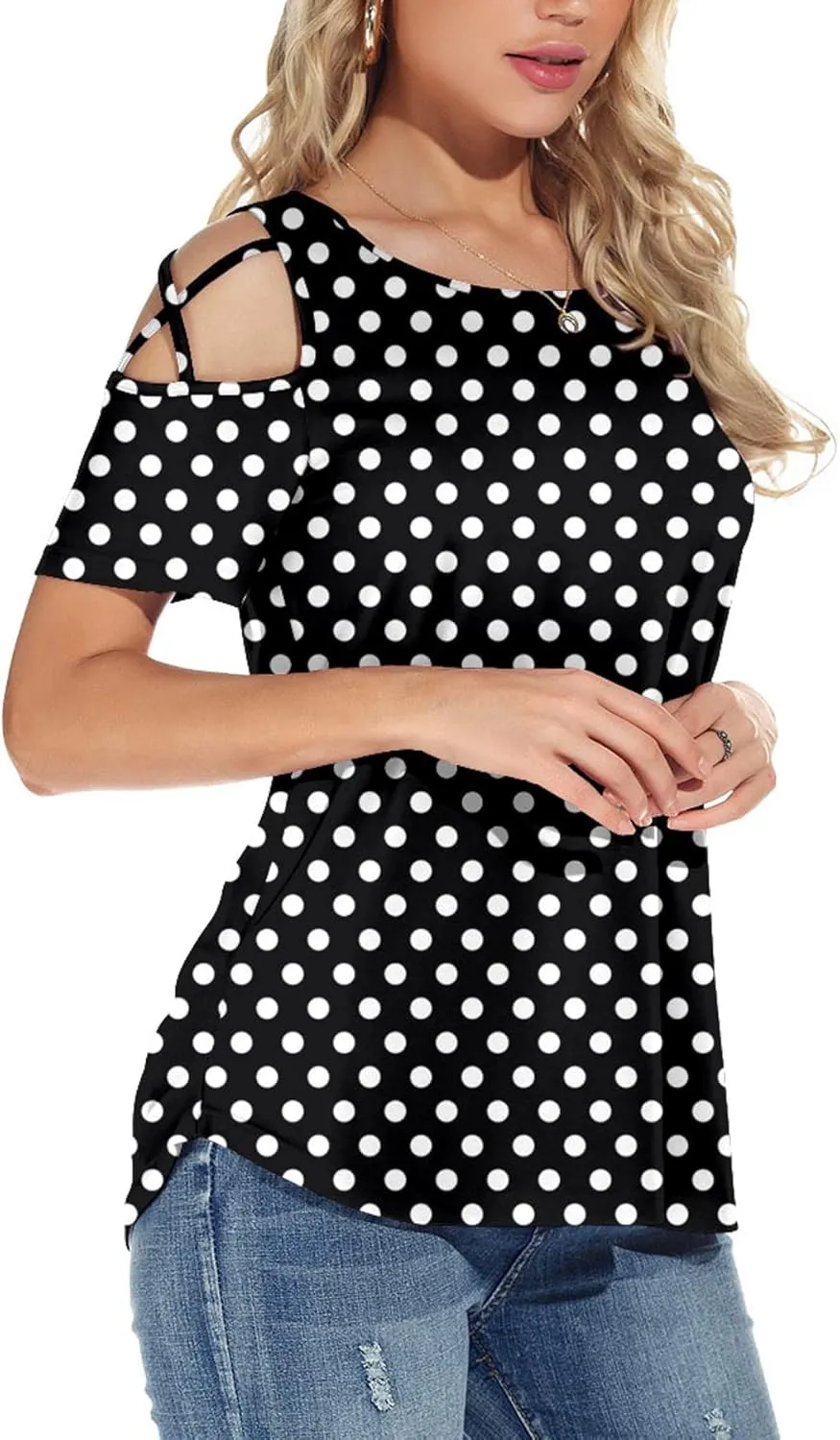 NILOUFO Womens Summer T Shirts Short Sleeve Tunic Strappy Cold Shoulder Tops