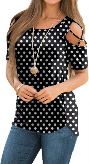 NILOUFO Womens Summer T Shirts Short Sleeve Tunic Strappy Cold Shoulder Tops