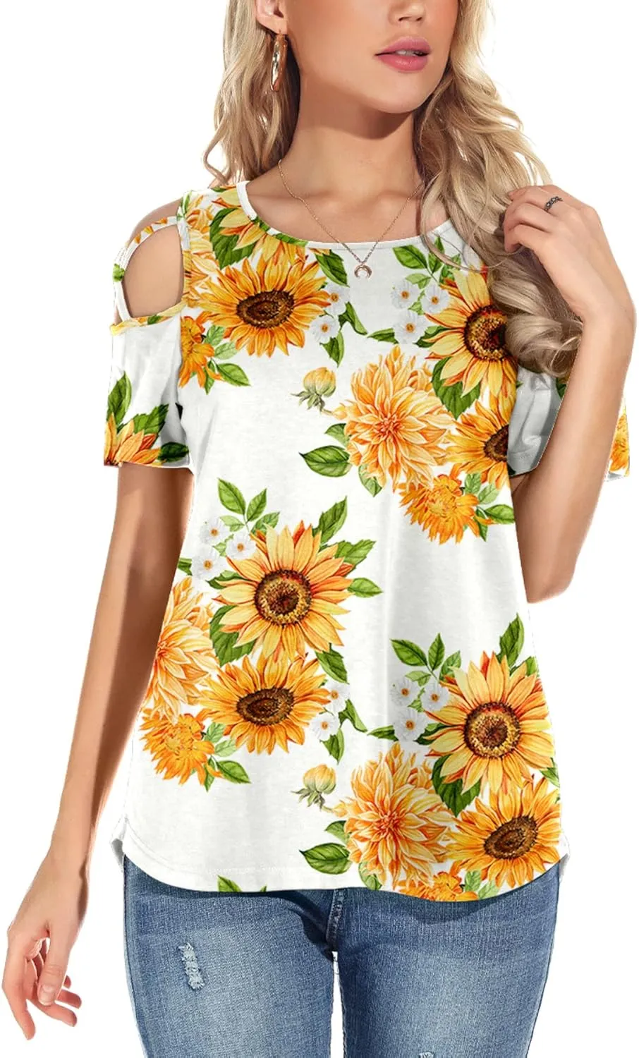 NILOUFO Womens Summer T Shirts Short Sleeve Tunic Strappy Cold Shoulder Tops