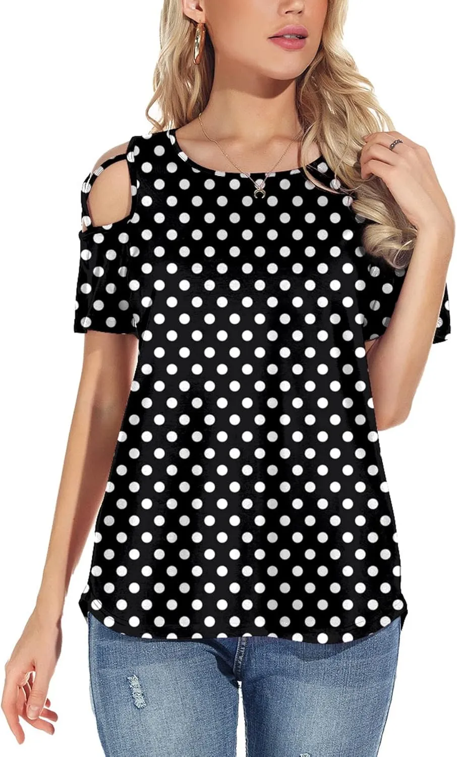 NILOUFO Womens Summer T Shirts Short Sleeve Tunic Strappy Cold Shoulder Tops