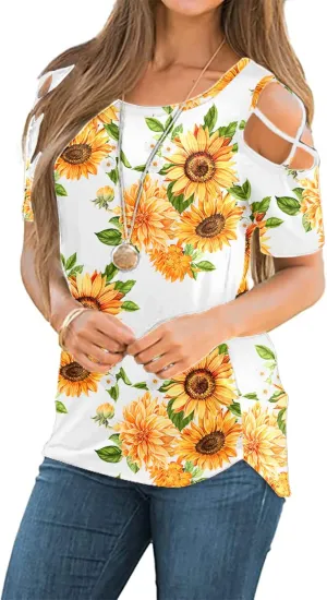 NILOUFO Womens Summer T Shirts Short Sleeve Tunic Strappy Cold Shoulder Tops