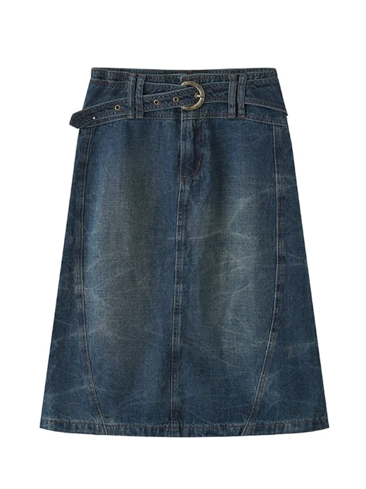 Old washed denim bustier thin A-line skirt【s0000008837】