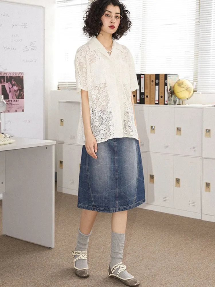 Old washed denim bustier thin A-line skirt【s0000008837】