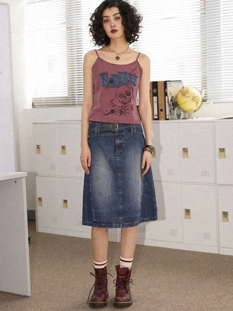 Old washed denim bustier thin A-line skirt【s0000008837】