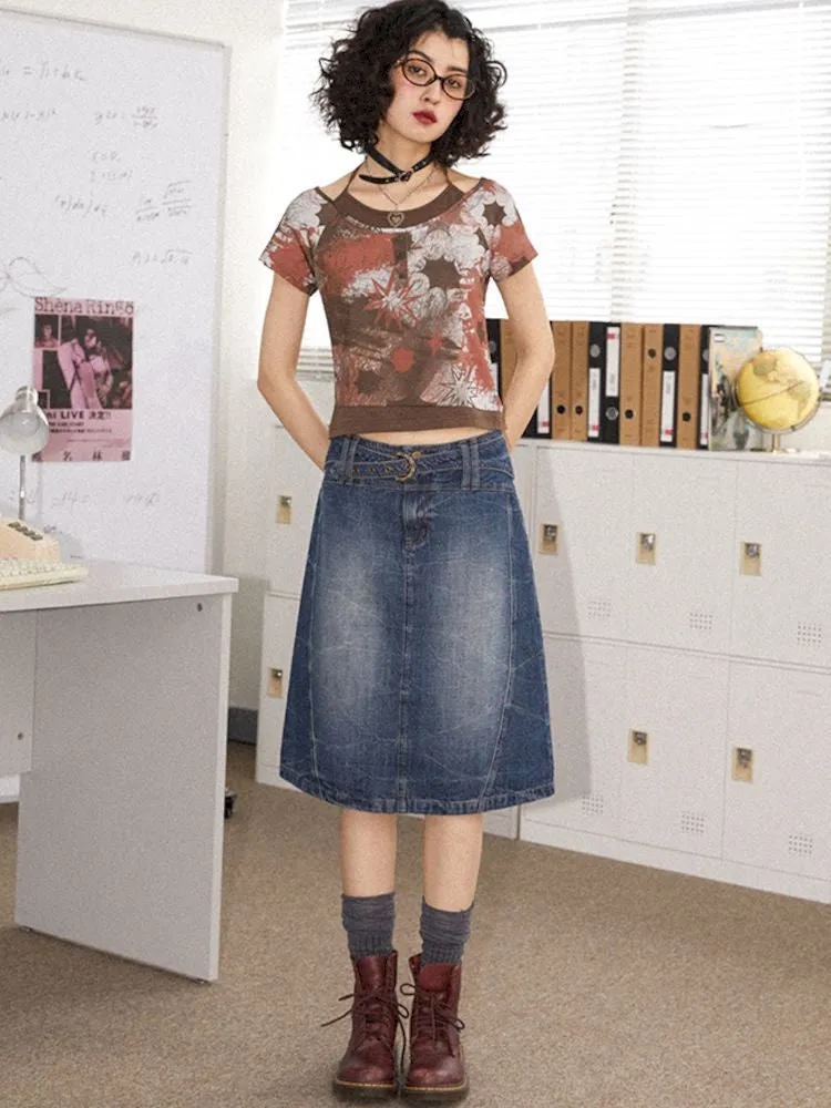 Old washed denim bustier thin A-line skirt【s0000008837】