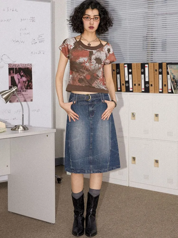 Old washed denim bustier thin A-line skirt【s0000008837】