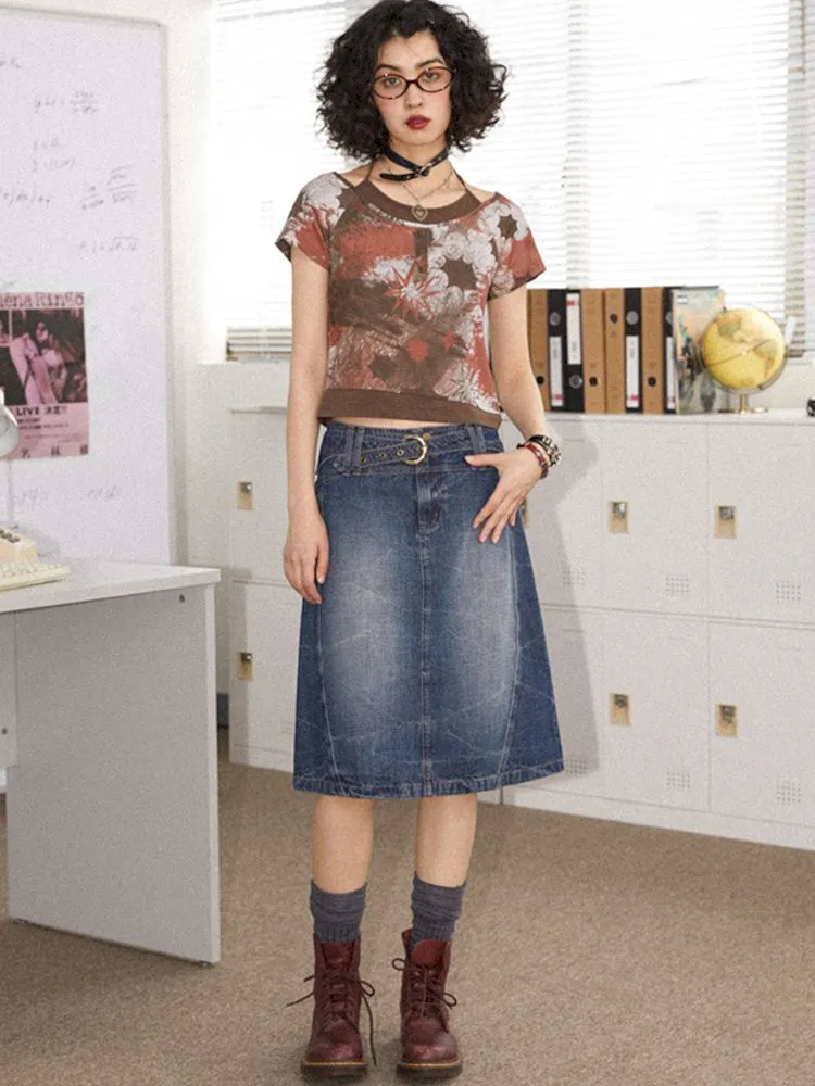 Old washed denim bustier thin A-line skirt【s0000008837】