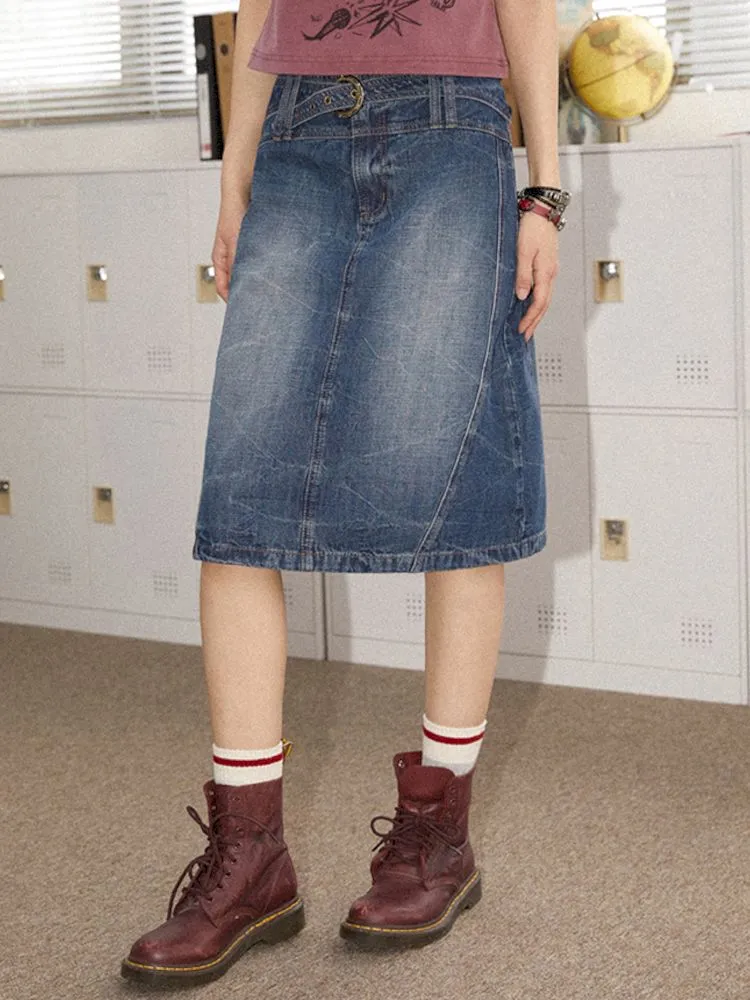 Old washed denim bustier thin A-line skirt【s0000008837】