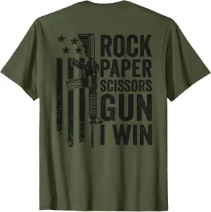 Paper Rock Scissors Gun - Camo Funny Dad Joke (ON BACK) T-Shirt