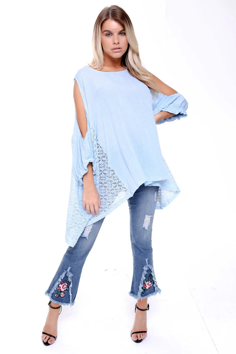 Pin Stripe Oversized Cold Shoulder Lace Insert Top